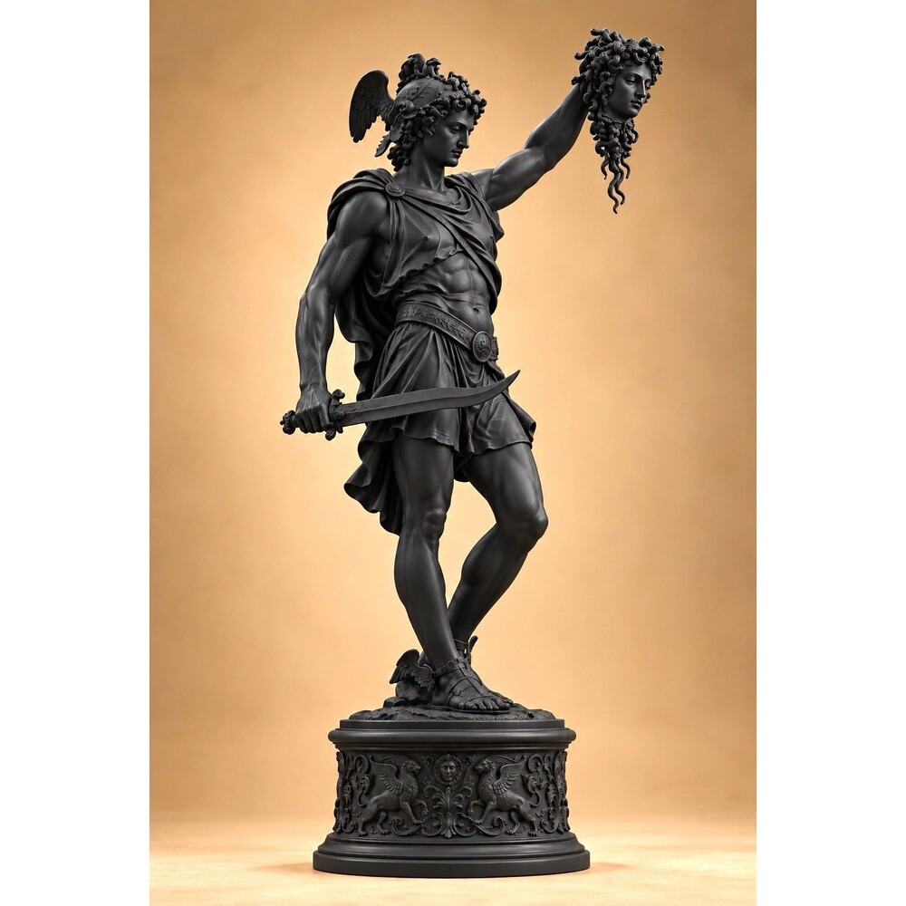 Perseus Holding Medusa Head Statue – Black Matte Resin Classical Greek 3D 7 in